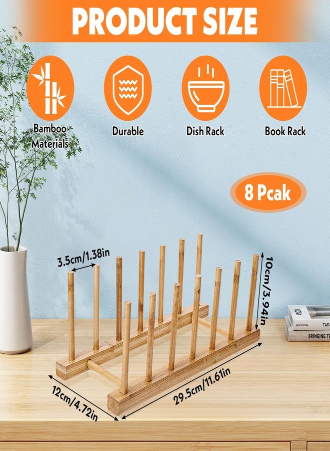AojSup 8 Pcs Bamboo Plate Holder & Wooden Dish Rack Organizer, 11.6x4.7x3.9 Inch Bamboo Wooden Dish Rack for Plates, Bowls, Cutting Boards & Kitchen Cabinet Storage - Image 2